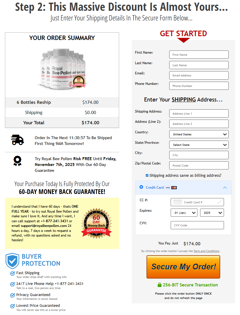 Royal Bee Pollen order checkout page